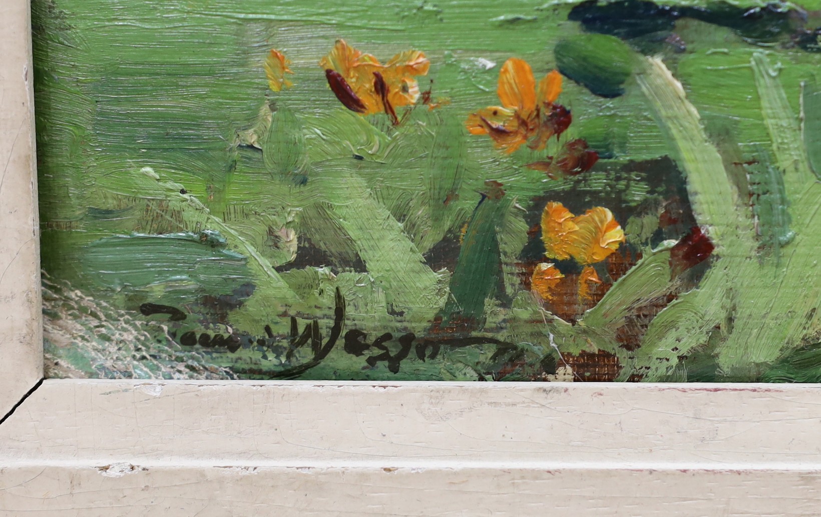 After Edward Wesson (1910-1983), oil on board, Thatched cottage and garden, signed, 34 x 39cm